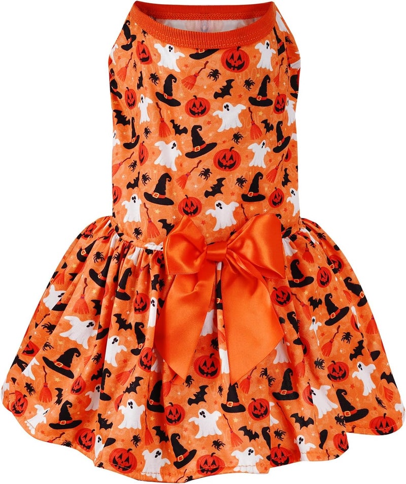 phnydreg Dog Halloween Costumes Pumpkin Dog Dress with Bow for Small Medium Dog Puppy Pet - Image 1